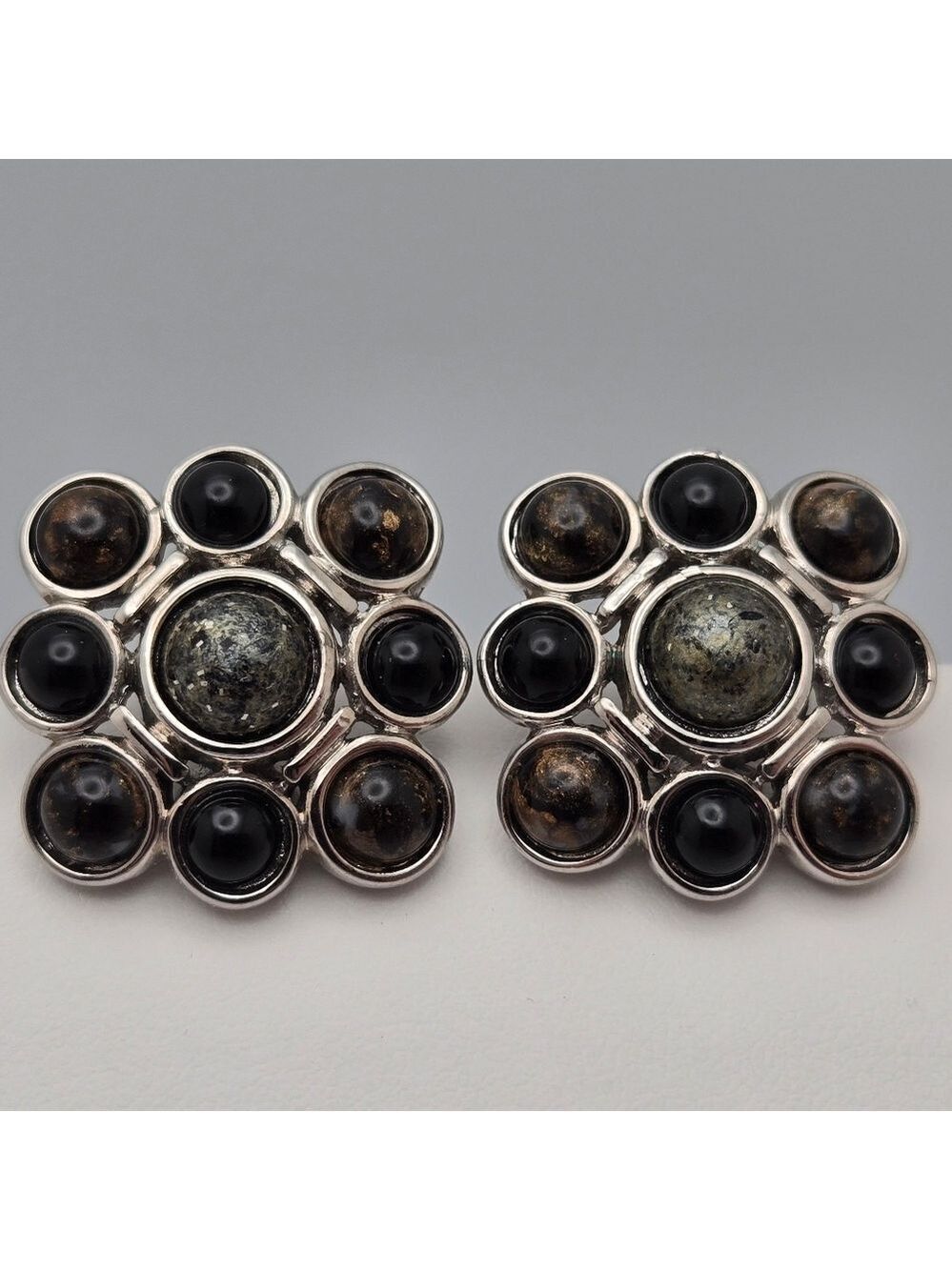 Monet Maltese Cross Clip-On Earrings Black Onyx Cabochon Silver Tone